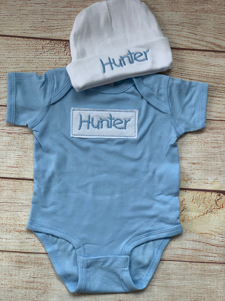 Our Patch Onesie and hat set for the baby boy!  Wicked Stitches Gifts.