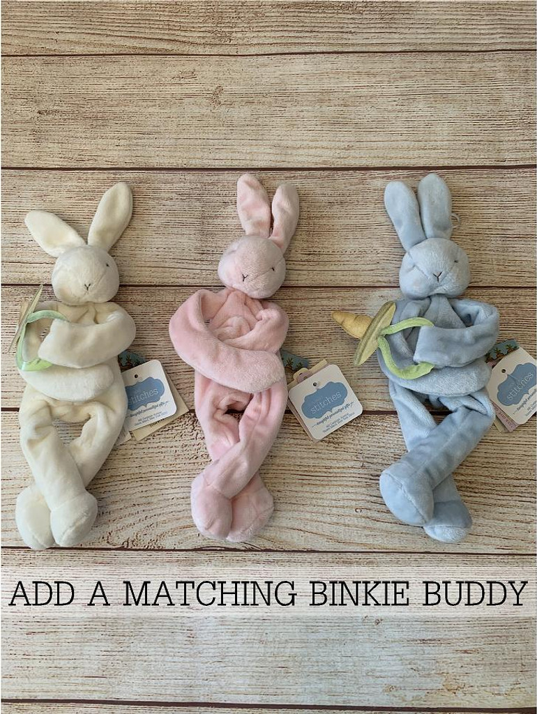 Add a Binky Buddie for an additional price.  Cutest little bunny in the patch.