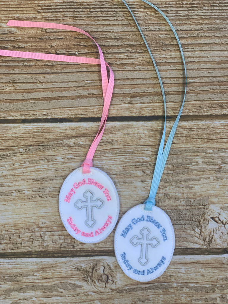 Exclusive embroidered christening gift tags by Wicked Stitches Gifts.