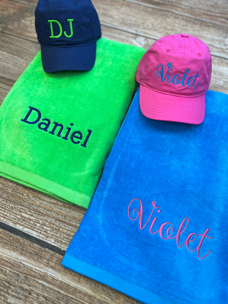 Personalized towel and hat sets for kid's summer fun.