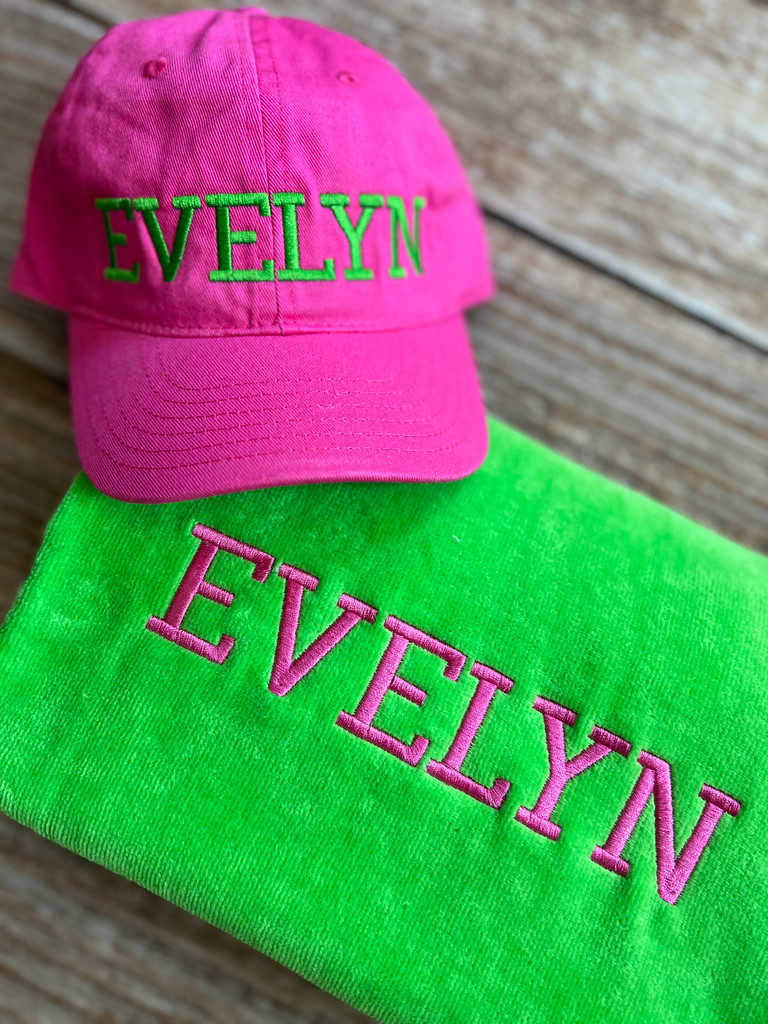 Lime and Pink Towel and hat set by Wicked Stitches Gifts