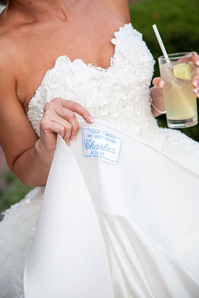 Personalized wedding dress label for bridal gown by wicked stitches gifts.