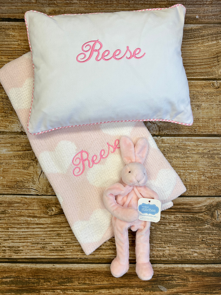 The baby name pillow pairs perfectly with our chenille baby blanket.