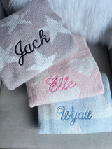 Chenille baby blanket, personalized by Wicked Stitches.