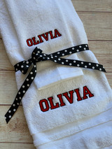 College Towel set by Wicked Stitches Gifts.  Set of two pieces, one hand towel , one bath towel.