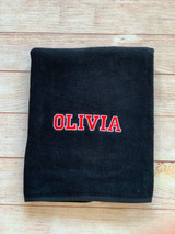 College Beach Towel with collegiate lettering by Wicked Stitches Gifts