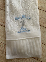 Our gorgeous Christening God Bless blanket is a must have for the Baptism Day festivities.  Wicked Stitches Gifts.