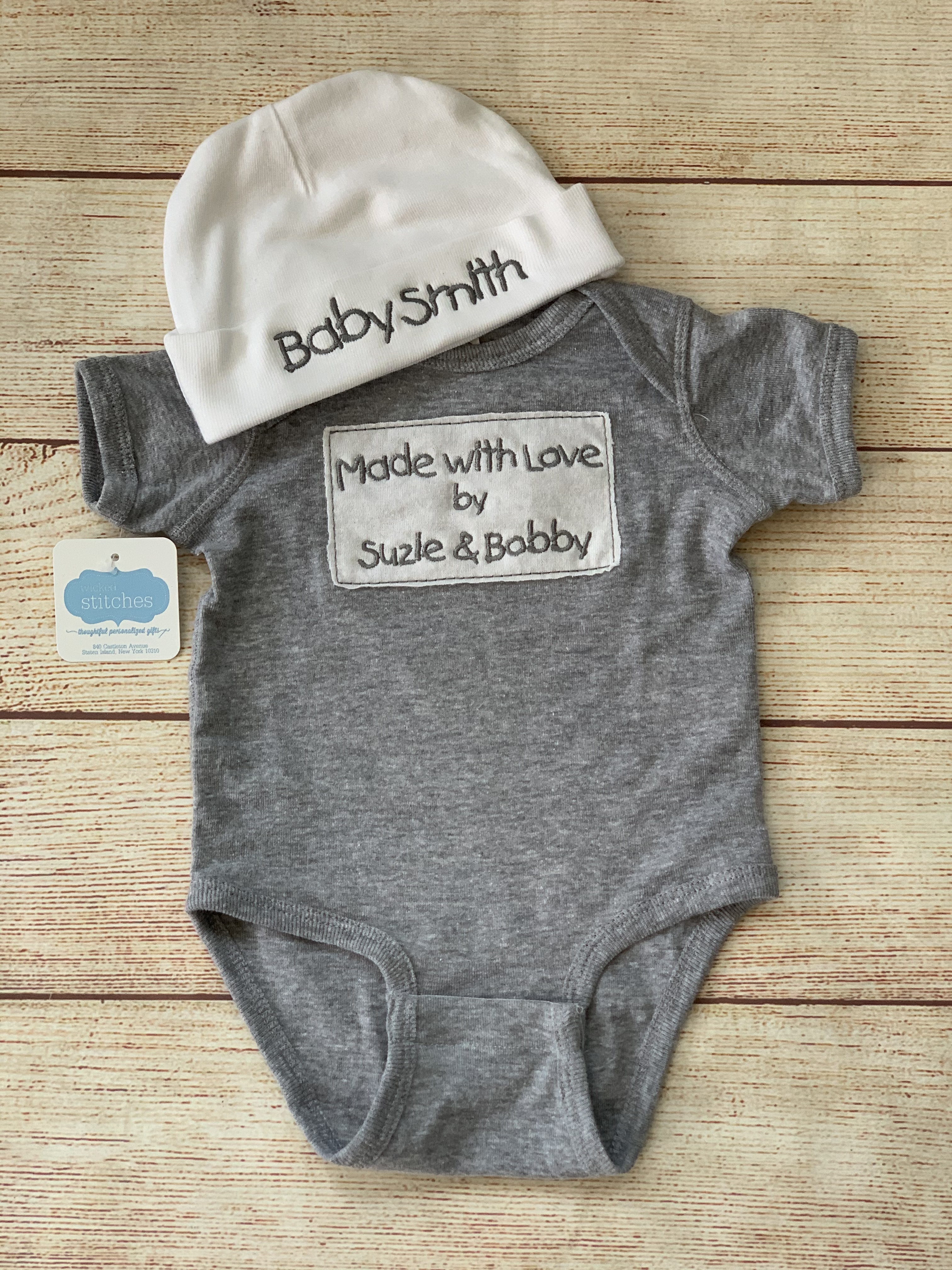 Made with Love Onesie and Hat by Wicked Stitches