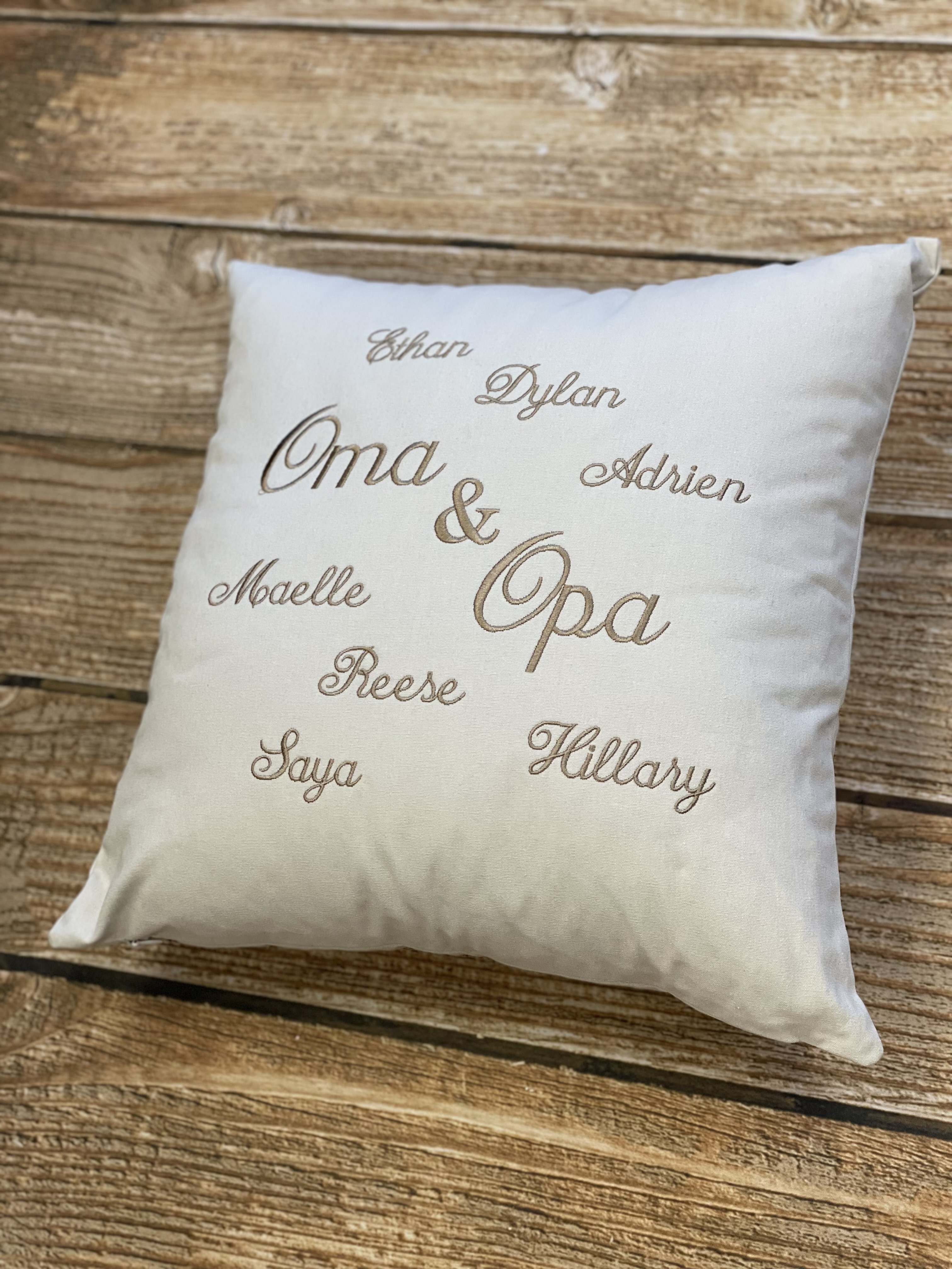 Oma and Opa work too!  Shown on taupe pillow with gold embroidery....perfect for your loved ones!  Wicked Stitches