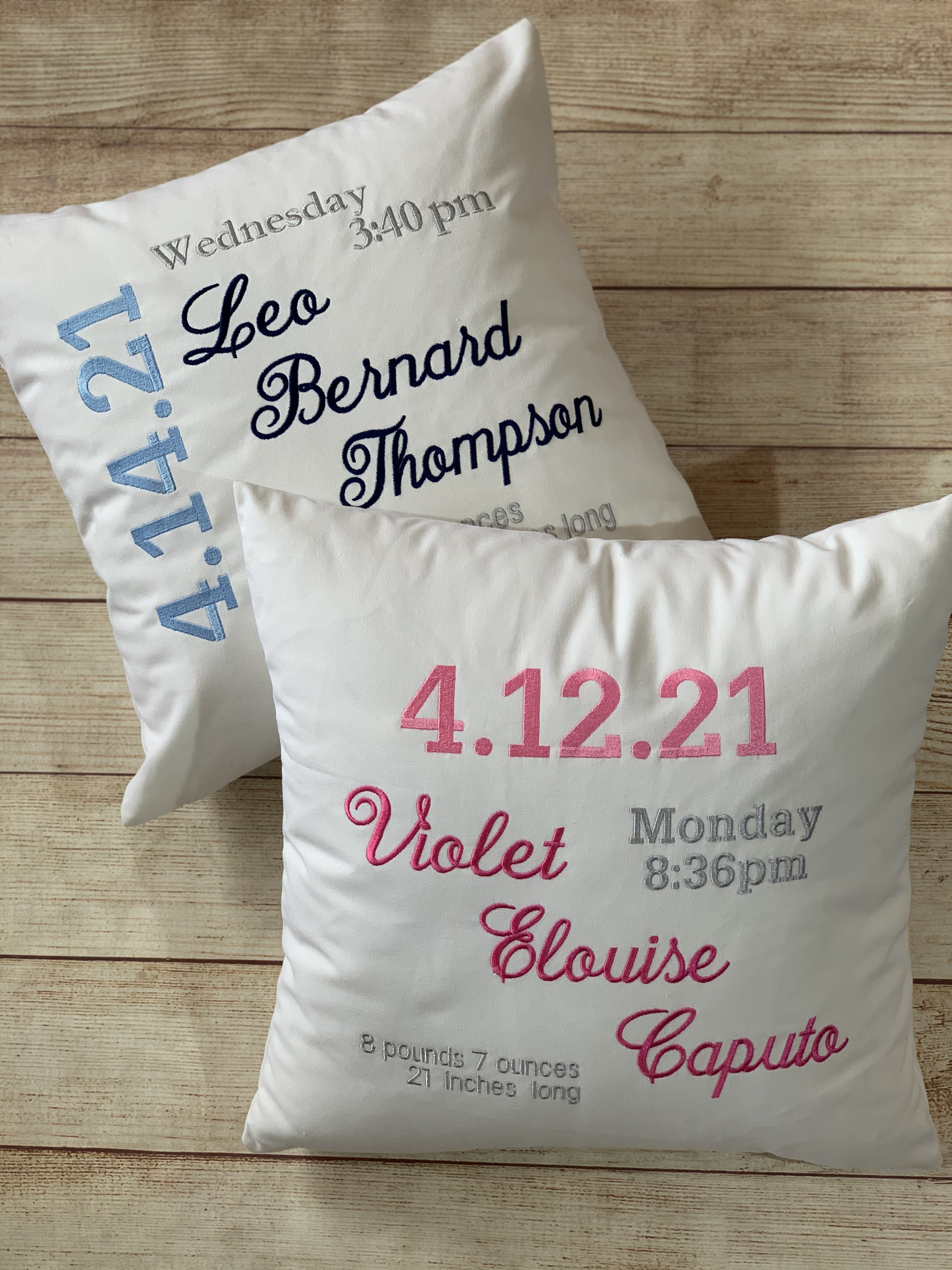 Baby Birth Announcement Pillow by Wicked Stitches.  Incredible keepsake!  Wonderful gift for the new addition.  Wicked Stitches Gifts.