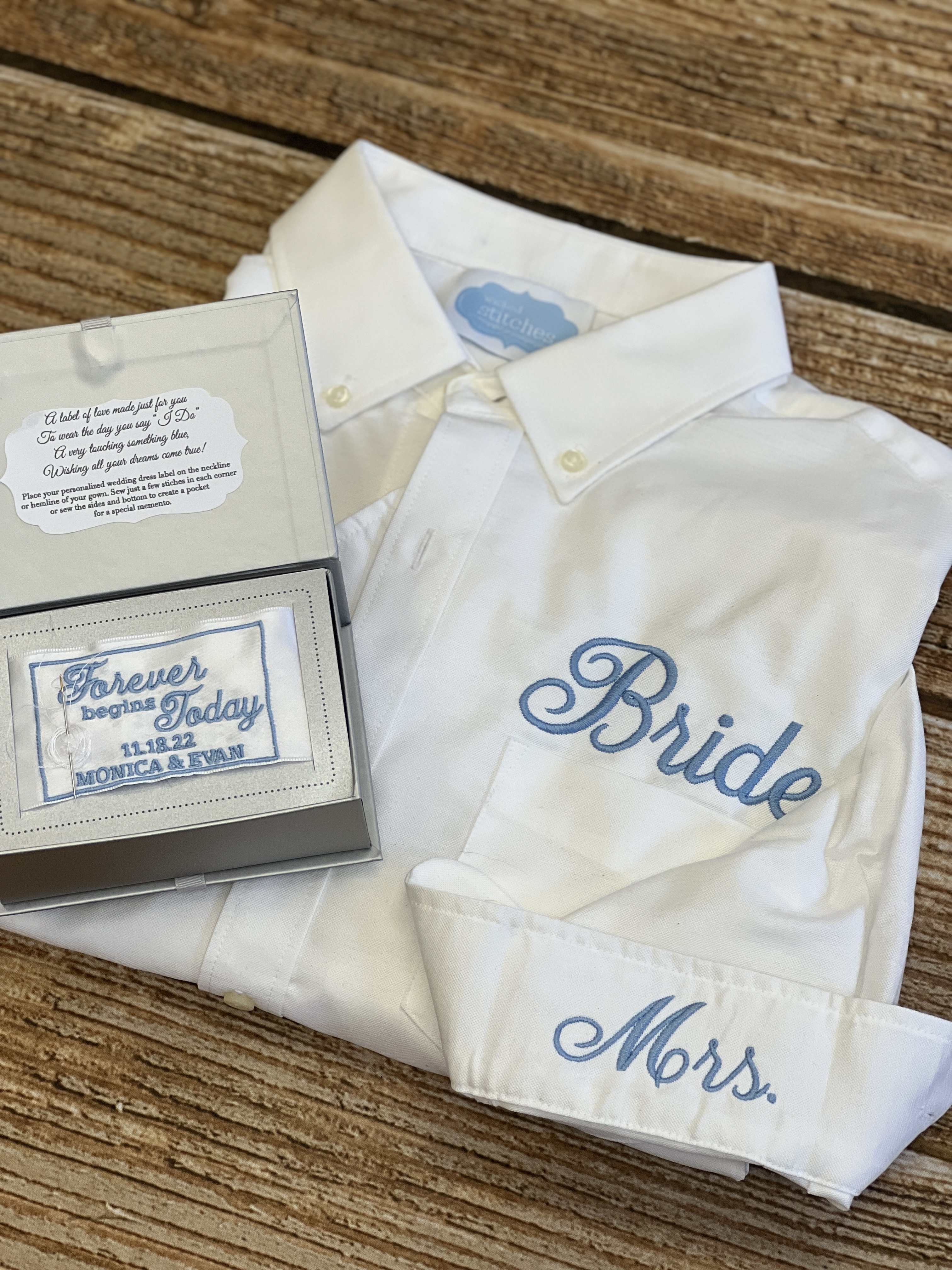 Add a wedding dress label- It's one of our favorite gift combinations at Wicked Stitches Gifts.