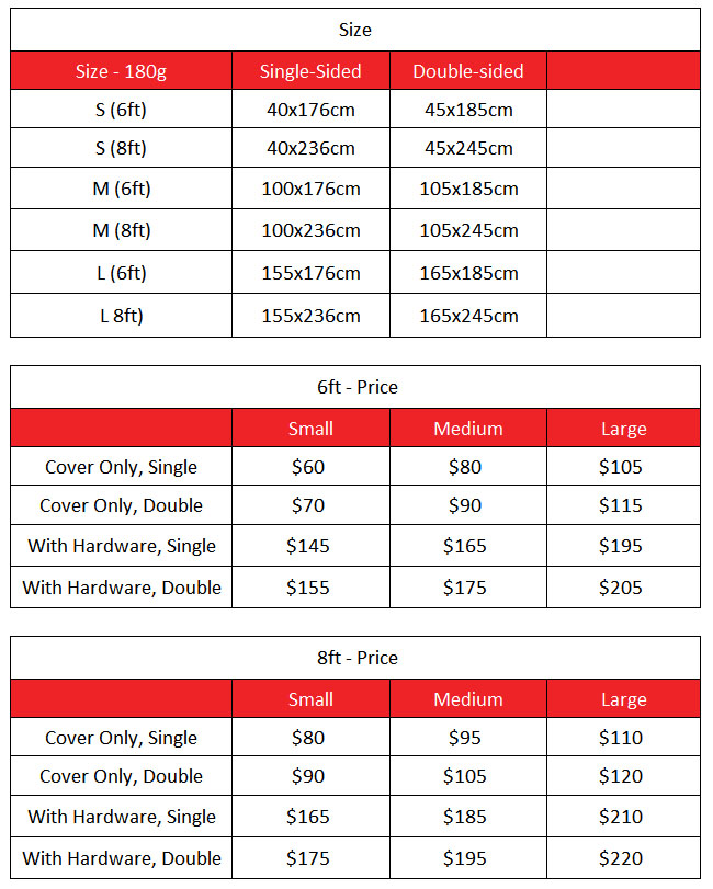 Table top Banner Size Chart