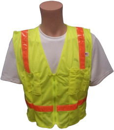 Lime MESH Surveyors Safety Vest with Orange Stripes and Pockets ~ Front  View