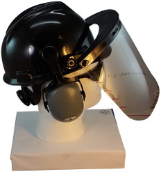 MSA V-Gard Cap Style hard hat with Polycarbonate Clear Faceshield Faceshield, Hard Hat Attachment, and Earmuff - Black- Partway Up Position