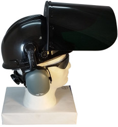 MSA V-Gard Cap Style hard hat with Pyramex Dark Green Faceshields, and Earmuff - Black - Up Position