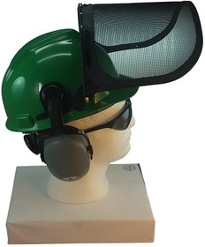 MSA V-Gard Cap Style hard hat with Smoke Mesh Faceshield, Hard Hat Attachment, and Earmuff - Green - Up Position