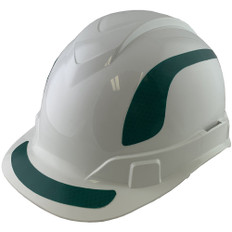 Pyramex Ridgeline Cap Style Hard Hats White with Green Reflective Decals Applied ~ Oblique View