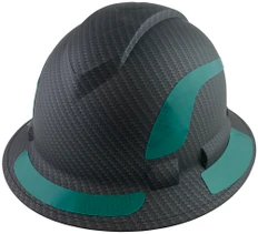 Pyramex Ridgeline Full Brim Style Hard Hat with Matte Black Pattern with Green Decals - Oblique View