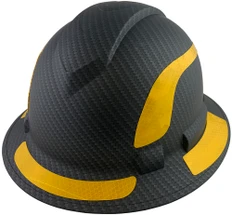 Pyramex Ridgeline Full Brim Style Hard Hat with Matte Black Pattern with Yellow Decals - Oblique View