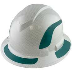 Pyramex Ridgeline Full Brim Style Hard Hat with Shiny White Pattern with Green Decals - Oblique View