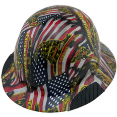 Composite Material Hard Hat - Full Brim Hydro Dipped – Don’t Tread on Me Flag Design 
Left Side Oblique View