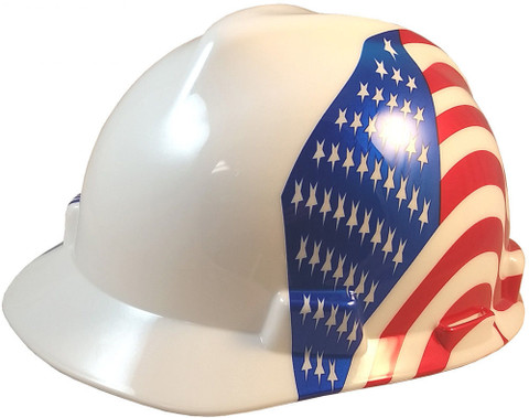 MSA V-Gard with Dual American Flag on Both Sides Hard Hats - Oblique View