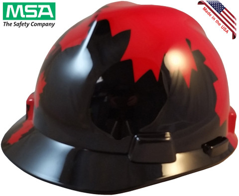 MSA V-Gard BLACK Shell Canadian Flag Hard Hats - Oblique View