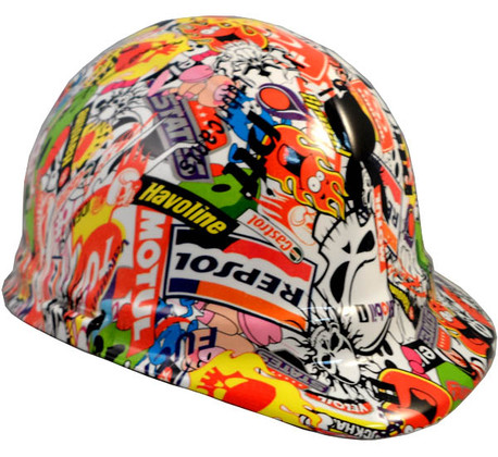 Sticker Bomb Hyrdro Dipped Hard Hats ~ Oblique View