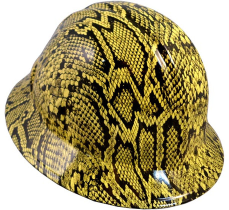 Snakeskin Yellow Hydro Dipped Full Brim Hard Hats ~ Oblique View
