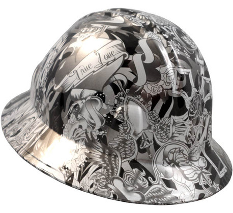 Tattoo Silver Hydro Dipped Full Brim Hard Hats ~ Oblique View