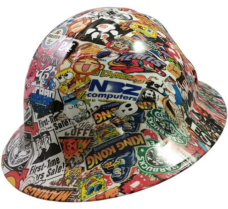 Sticker Bomb 4 Design Hydro Dipped Hard Hats Full Brim Style ~ Oblique View