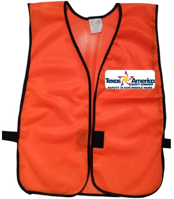 Imprinted Orange safety vests with multi color imprint front