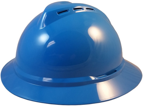 MSA Advance Full Brim Vented Hard hat with 6 point Ratchet Suspension  Blue - Oblique View