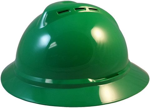 MSA Advance Full Brim Vented Hard hat with 6 pointRatchet Suspension Green - Oblique View