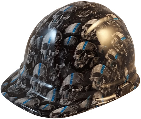 Thin Blue Line USA Flag and Skulls Hydro Dipped Hard Hats Cap Style - Oblique View