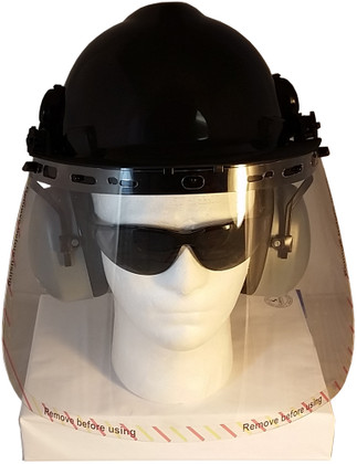 MSA V-Gard Cap Style hard hat with Polycarbonate Clear Faceshield Faceshield, Hard Hat Attachment, and Earmuff - Black - Front View Earmuffs Up