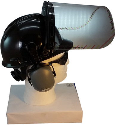 MSA V-Gard Cap Style hard hat with Standard Clear Faceshield Faceshield, Hard Hat Attachment, and Earmuff - Black - Up Position