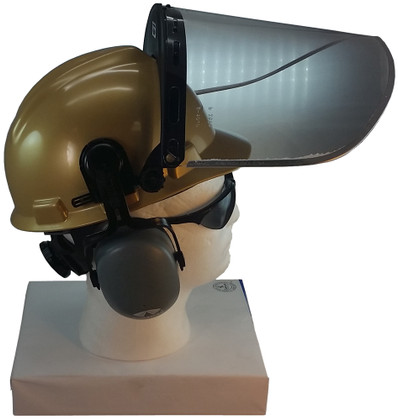 MSA V-Gard Cap Style hard hat with Pyramex Polycarbonate Clear Faceshield with Aluminum Bound Edges - Gold - Up Position