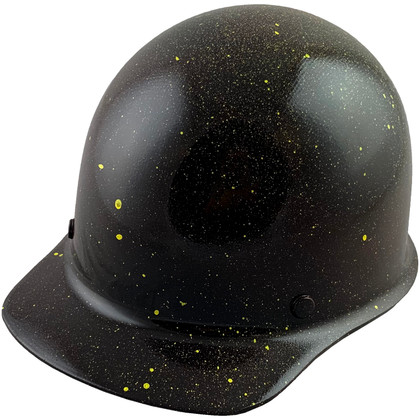 Skullgard Cap Style With Ratchet Suspension Black With Yellow Splatter Paint ~ Oblique View