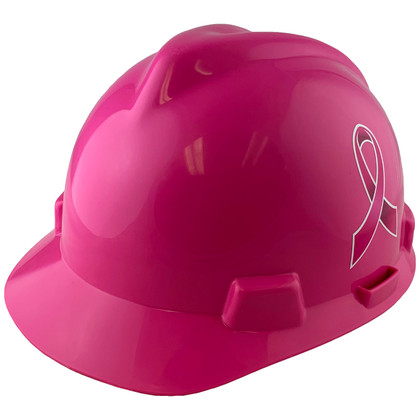 MSA V-Gard Cap Style Breast Cancer Awareness Ribbon Hard Hats with Fas-Trac Suspensions Hot Pink 