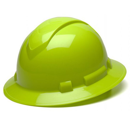 Pyramex Full Brim RIDGELINE Hard Hat Lime 4 Point Suspensions - Oblique View