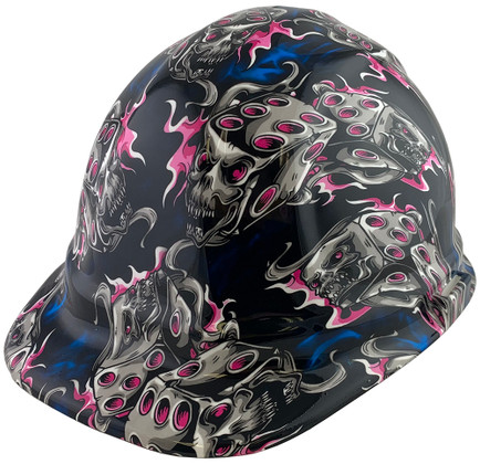 Flaming Dice Pink Design Cap Style Hydro Dipped Hard Hats ~ Oblique View