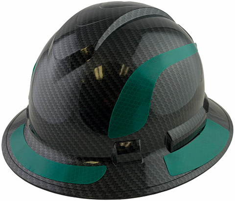 Pyramex Ridgeline Full Brim Style Hard Hat with Shiny Black Pattern with Green Decals - Oblique View