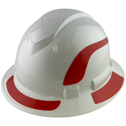 Pyramex Ridgeline Full Brim Style Hard Hat with Shiny White Pattern with Red Decals - Oblique View