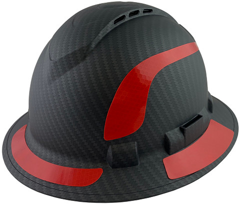 Pyramex Ridgeline Full Brim Style Hard Hat with Vented Matte Black Pattern with Red Decals - Oblique View