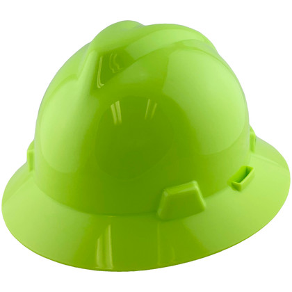 MSA V-Gard Full Brim Hard Hats with Fas-Trac Suspensions Hi-Viz Yellow Green - Oblique View