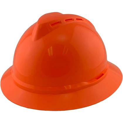 MSA Advance Full Brim Vented Hard hat with 4 point Ratchet Suspension Hi Viz Orange - Oblique View