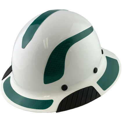 Actual Carbon Fiber Hard Hat - Full Brim White with Reflective Green Decal Kit Applied ~ Oblique View
