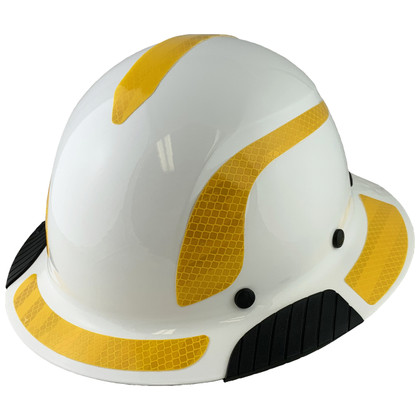 Actual Carbon Fiber Hard Hat - Full Brim White with Reflective Yellow Decal Kit Applied ~ Oblique View
