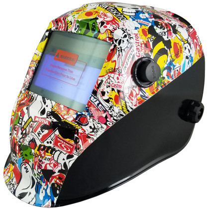 Hydro Dipped Auto Darkening Welding Helmet – Sticker Bomb Design ~ Left Oblique View